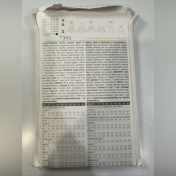 Vogue 7391 Pattern Misses Lined Business Suit Jacket Pants Skirt 12-14-16 Uncut - Picture 3 of 5